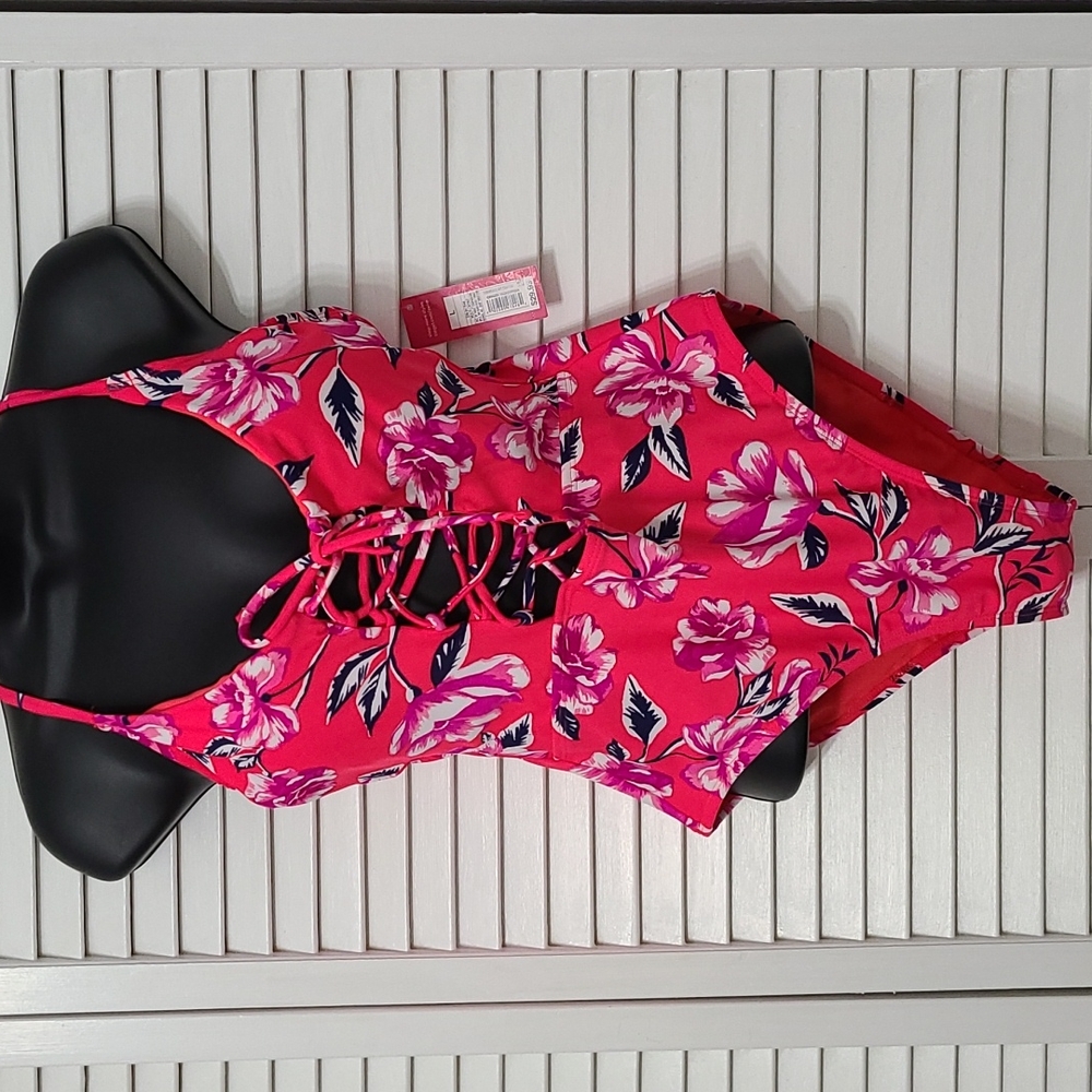NWT LG Xhilaration Front Laceup  Back Crisscross Pink Floral Swim Bathing Suit